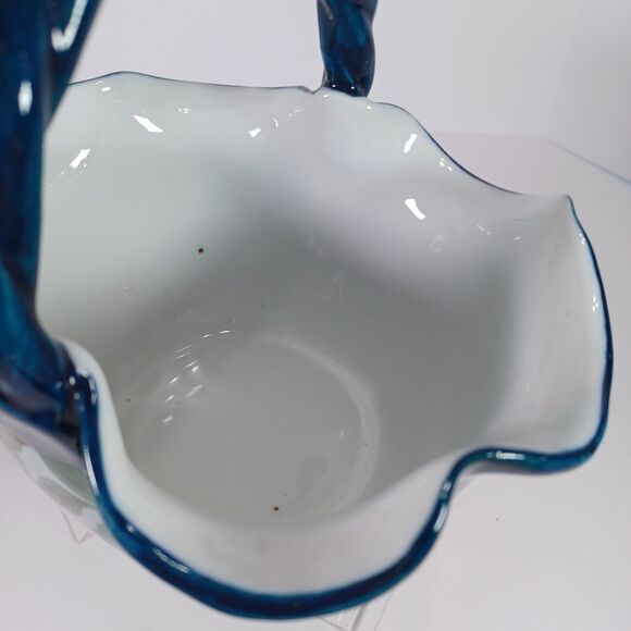 Ruffled Ceramic Basket Handcrafted Blue White Pink Floral Twisted Handle - Picture 6 of 11